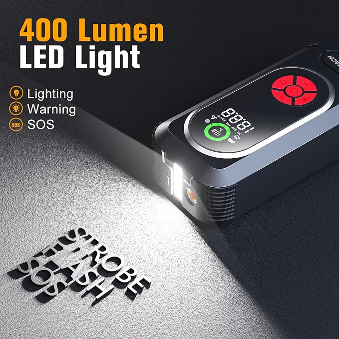 8000A Jump Starter with Air Compressor, 10-in-1 Car Battery Jump Starter Portable (10.0 Gas/10.0L Diesel), 150 PSI 12V Jump Box with Jumper Cables, LED Light, LED Display - Image 4