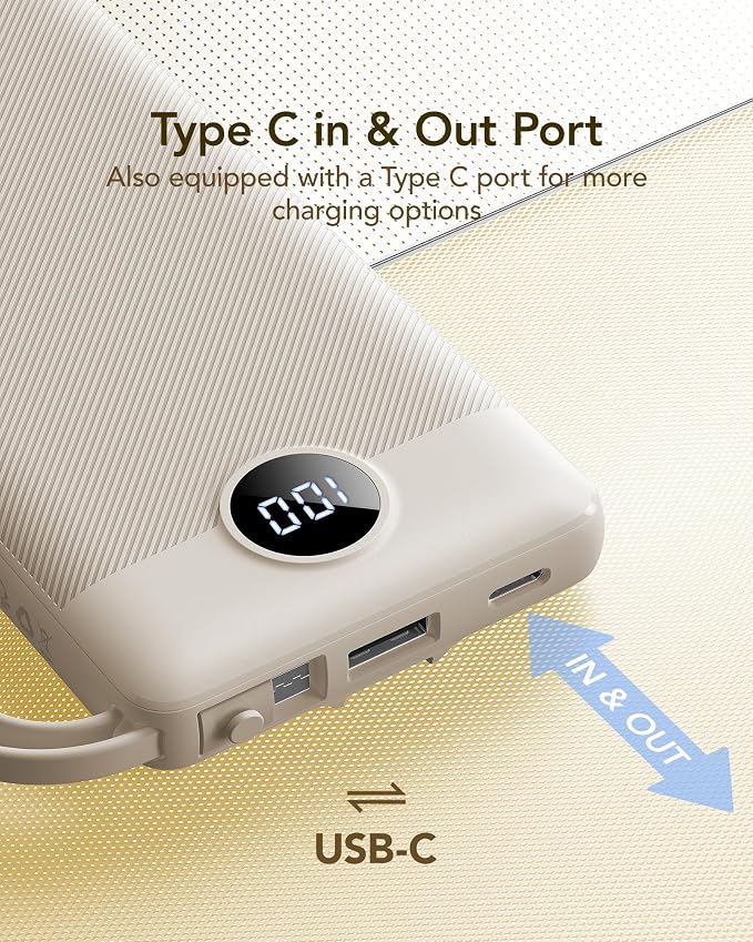 VRURC Portable Charger Power Bank,10000mAh Travel Essentials Battery Pack, 5 Outputs 2 Inputs Slim USB C Charging Bank Built-in Cables Cords for iPhone 17 16 15 13,Samsung,Android-Light Coffee(1 Pack) - Image 5