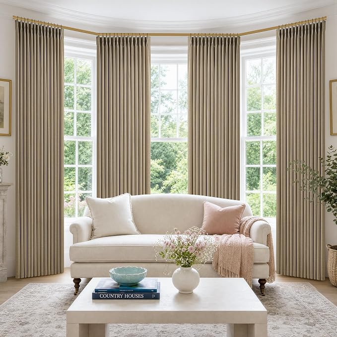 Pleated Light Brown Semi Sheer Sliding Door Curtains 105 Inches Long 4 Panels by Twodrapes