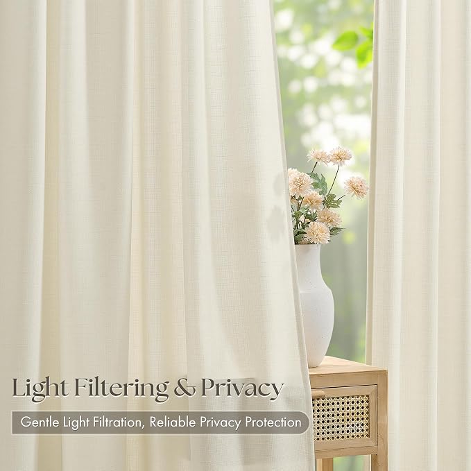 Cream Beige Pinch Pleated Linen Curtains 112 Inch 4 Panels Set - Image 3
