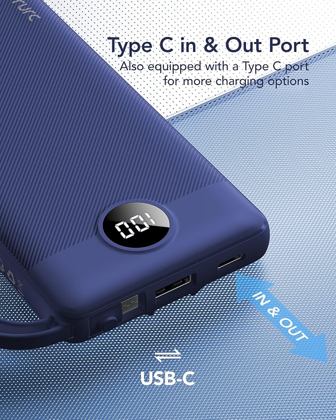 VRURC Portable Charger for iPhone, USB C Power Bank 10000mAh, Slim Travel Battery Pack with Built in Cables, 5 Outputs 2 Input Portable Phone Charger for iPhone 17 16 15 14 13, Samsung, Android-Navy - Image 5