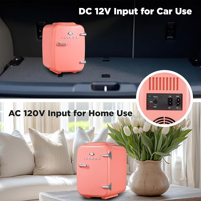 IceBox 4-Liter Mini Fridge Cooler/Warmer, IBMF4BLS, Blush Red | Portable Refrigerator Holds 6 Cans, Compact for Skincare, Beverages and Food, Includes 120V AC and 12V Car Adapters - Image 5