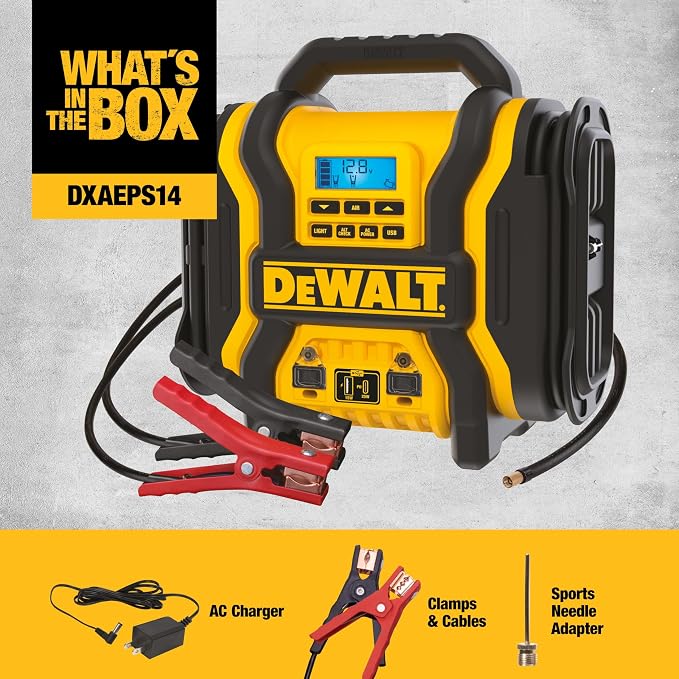 DEWALT DXAEPS14 2000 Peak Battery Amp 12V Automotive Battery Booster Jump Starter/Power Station with 120 PSI Compressor, 500W AC Power Inverter, and 15W USBa & 25W USB Ports - Image 6