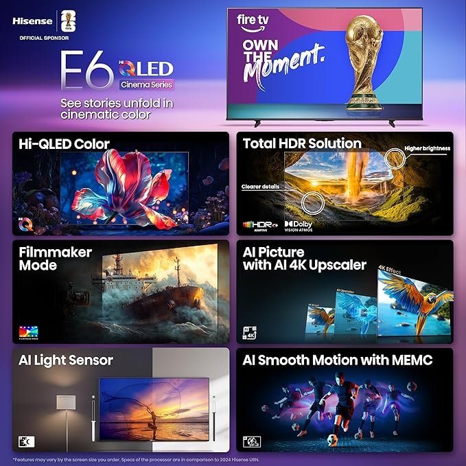 Hisense 65" E6 Cinema Series Hi-QLED 4K UHD Smart Fire TV (65E6QF) -AI Light Sensor, Dolby Vision · Atmos, Voice Remote with Alexa, Motion Rate 120, HDR 10+ Adaptive, Game Mode Plus - Image 4
