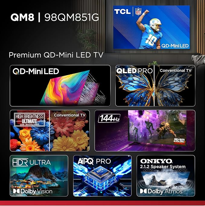 TCL 98-Inch QM85 QLED 4K Smart QD-Mini LED TV with Google TV (98QM851G, 2024 Model) Dolby Vision IQ HDR, Dolby Atmos, Game Accelerator up to 240Hz, Voice Remote, Works with Alexa, Streaming Television - Image 5
