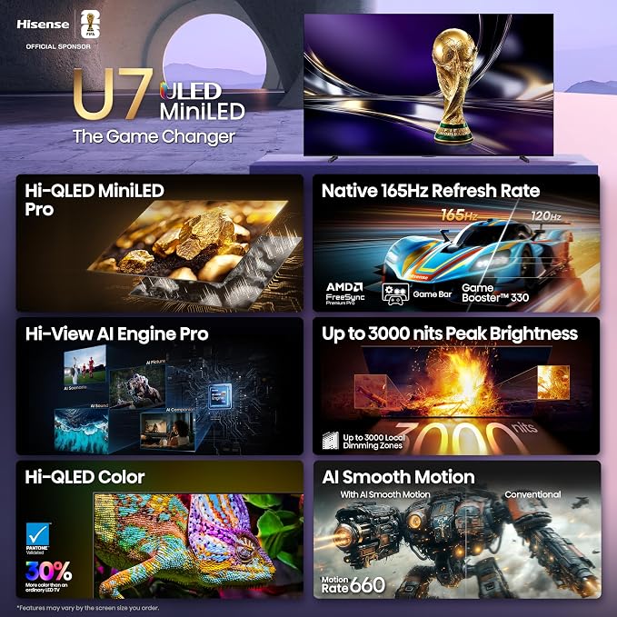 Hisense 100" U7 Mini-LED ULED 4K UHD Best Premium Gaming Smart Google TV (100U7SG, 2026 New) - Hi-QLED, Native 165Hz, VRR 288, High Brightness, HDR10+, Dolby Vision IQ·Atmos, IMAX Enhanced, 2.1.2 Ch - Image 4